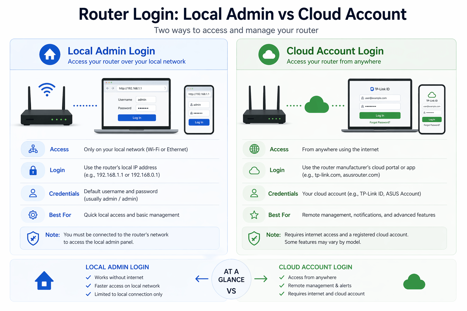 Side-by-side comparison of local admin login and cloud account login for routers
