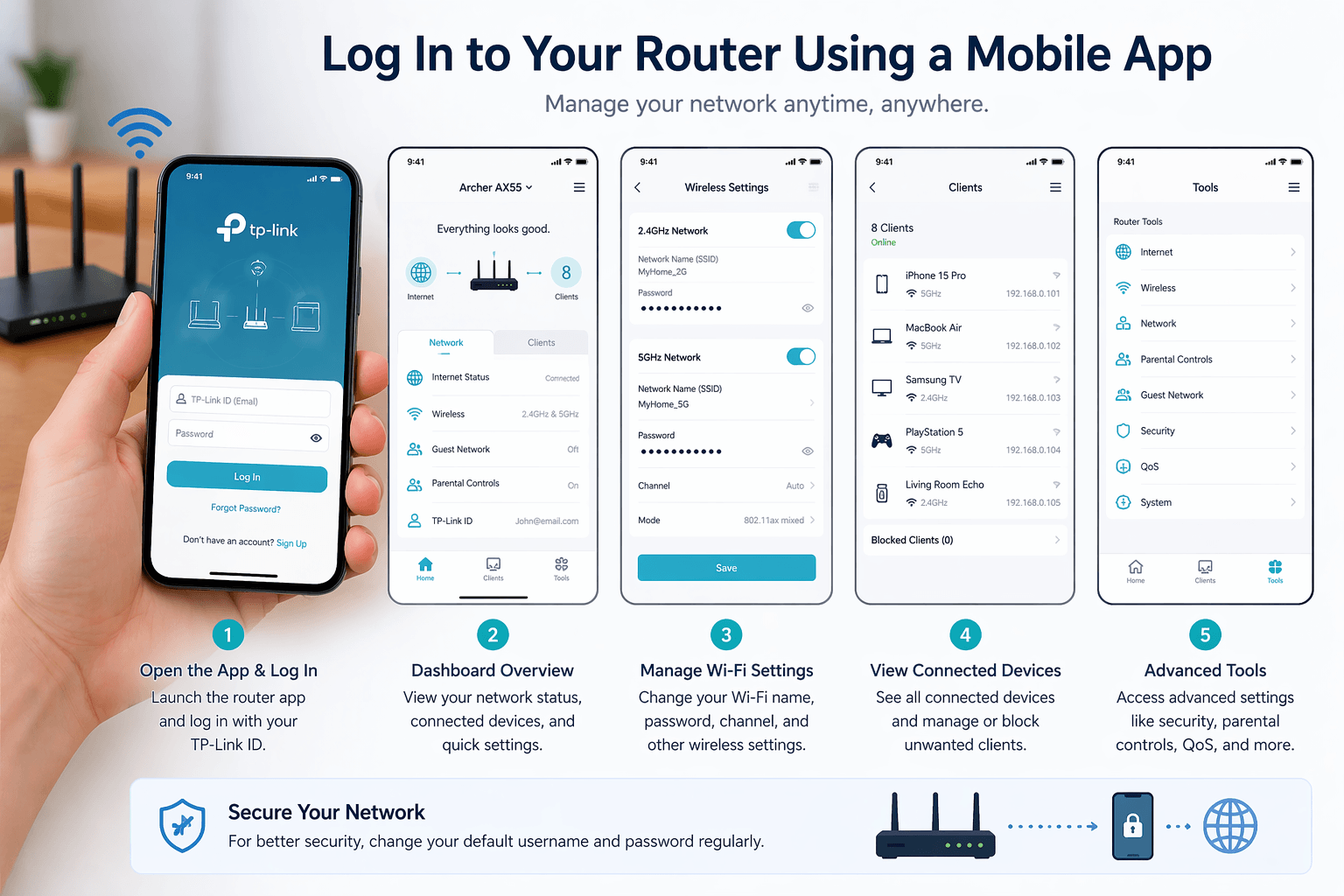 User logging in to a router through a smartphone app showing network settings